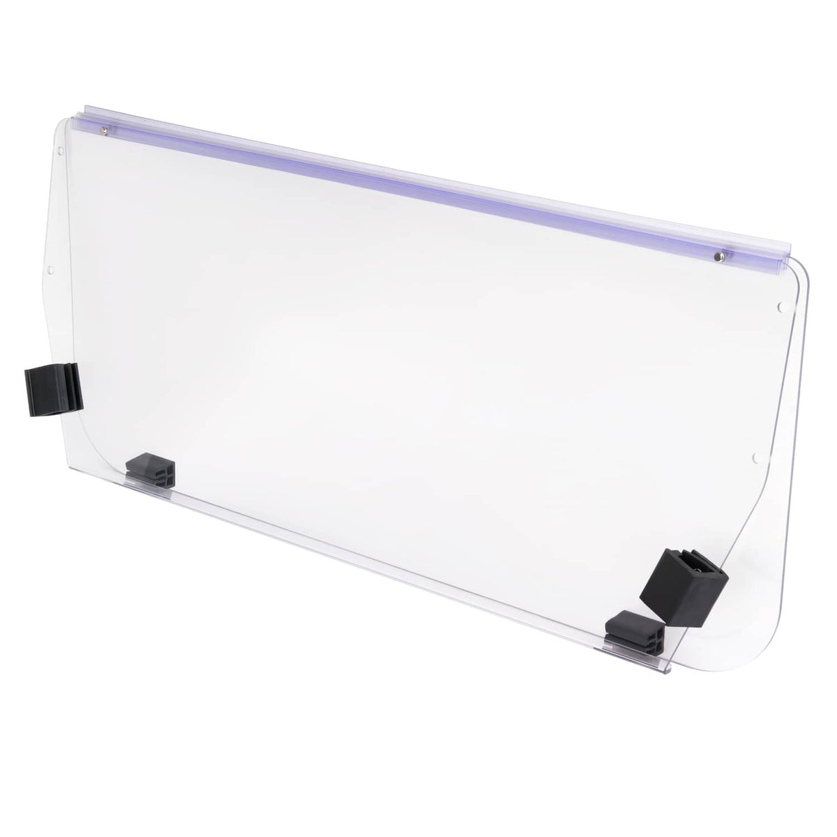 Clear vented golf cart windshield windscreen with black mounts and blue trim bar