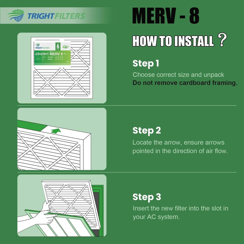 Air filter installation guide graphic with three steps for AC system