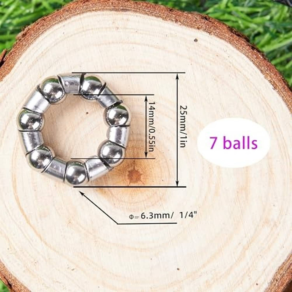Bike hub ball bearing ring with 6.3 mm/1/4 in size shown, silver balls cage