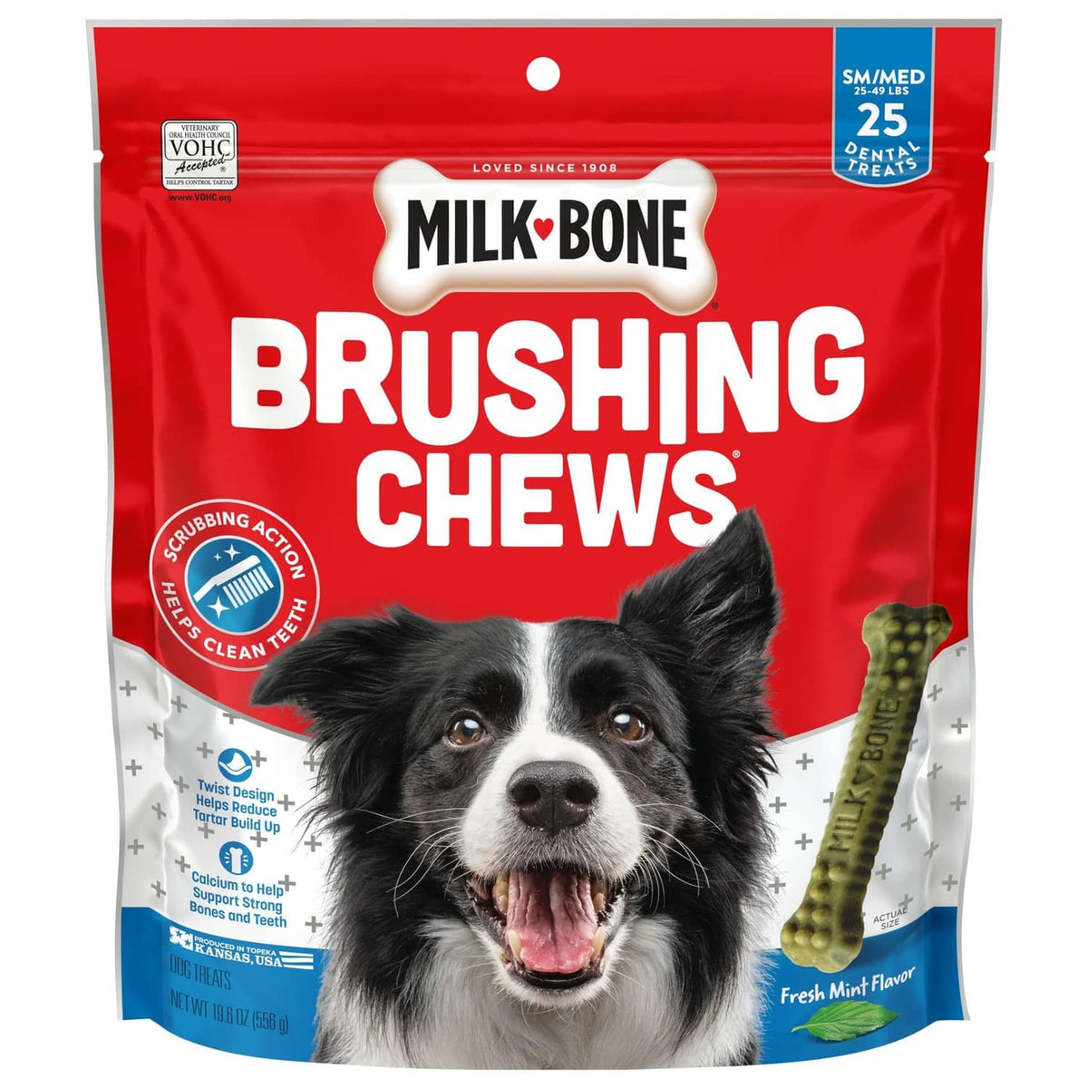 Milk-Bone Brushing Chews front of red bag with dog image and bone-shaped chew graphics