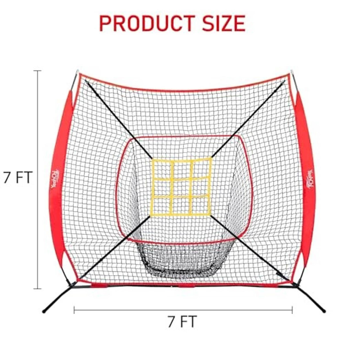 7 ft baseball net with red border, white netting, and yellow strike zone target