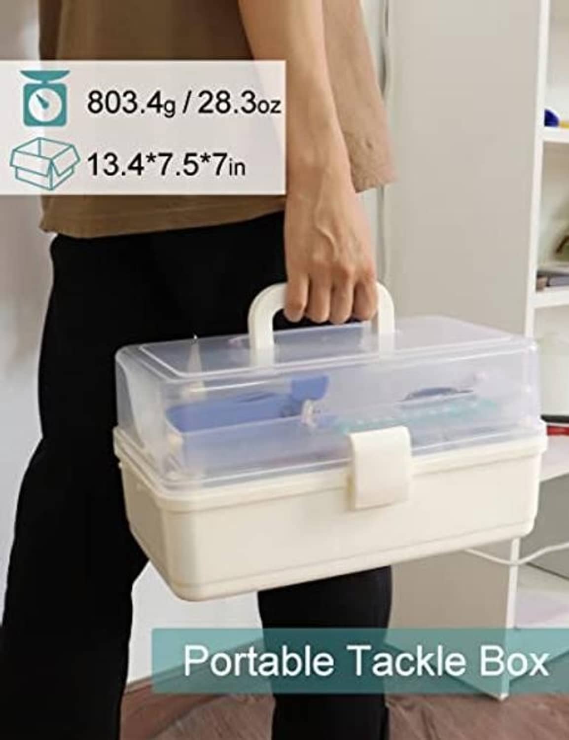 White portable tackle storage box with carrying handle, closed lid