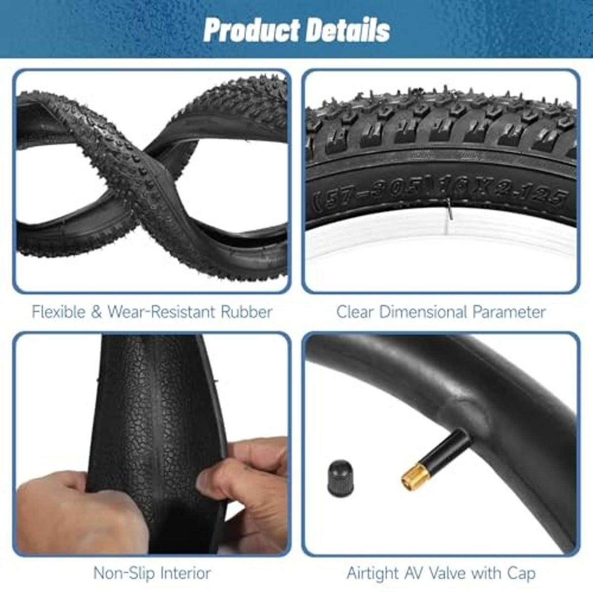 Black knobby tire tread detail with flexible rubber and valve area