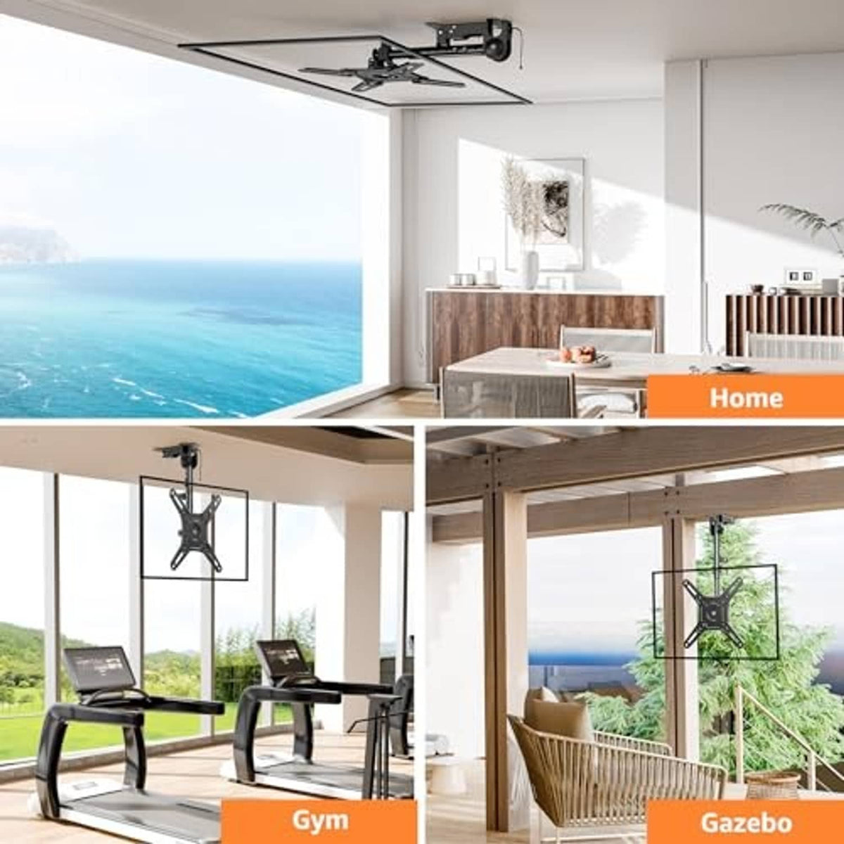 Flip-down ceiling TV mount in a bright room setting, black with extended drop arm