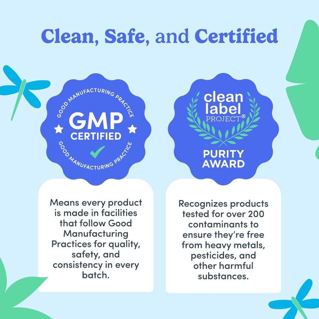 Certification badges for multivitamin gummies: GMP, clean label, and purity award