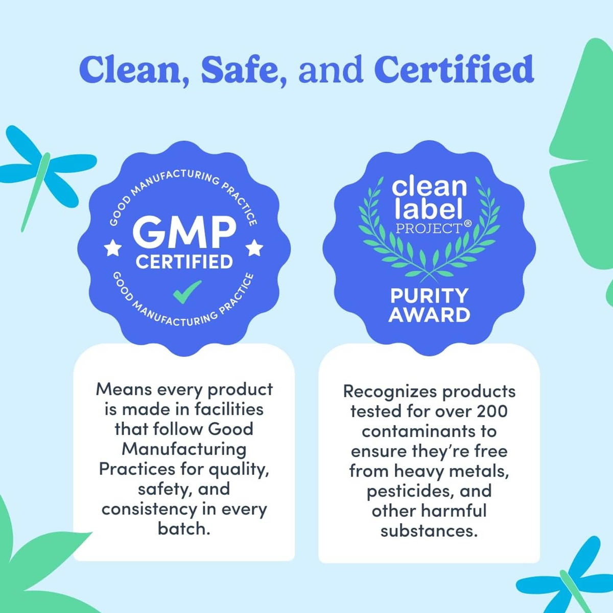 Certification badges for multivitamin gummies: GMP, clean label, and purity award
