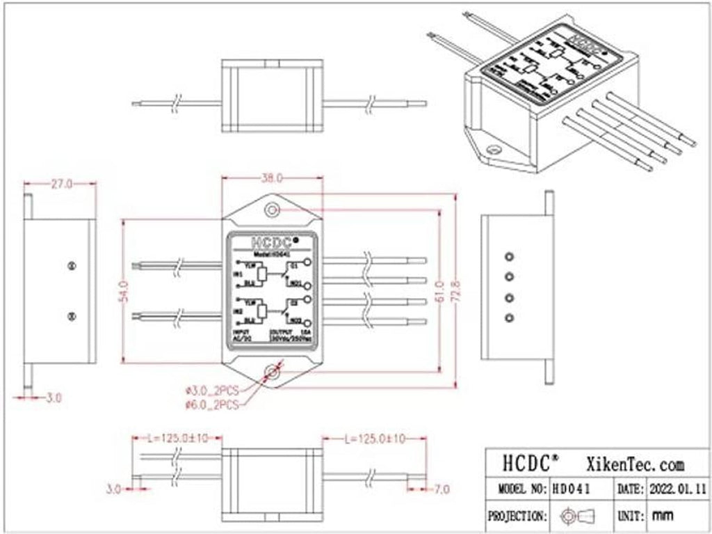 Relay module wiring and size diagram blueprint with pin layout and measurements