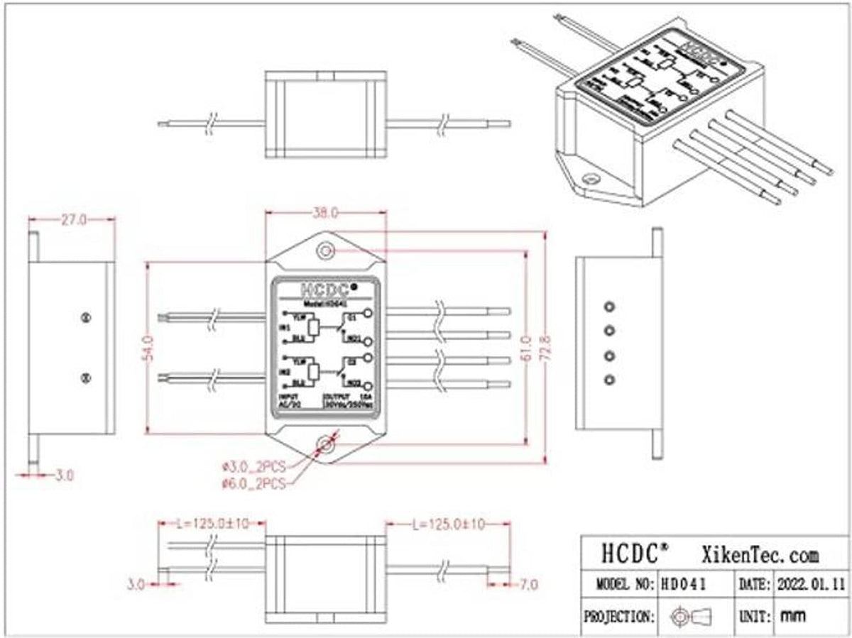 Relay module wiring and size diagram blueprint with pin layout and measurements