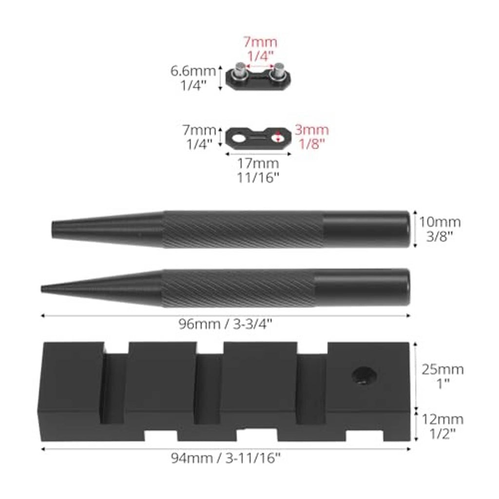 Chainsaw chain breaker kit components with size guides, two black pins and block