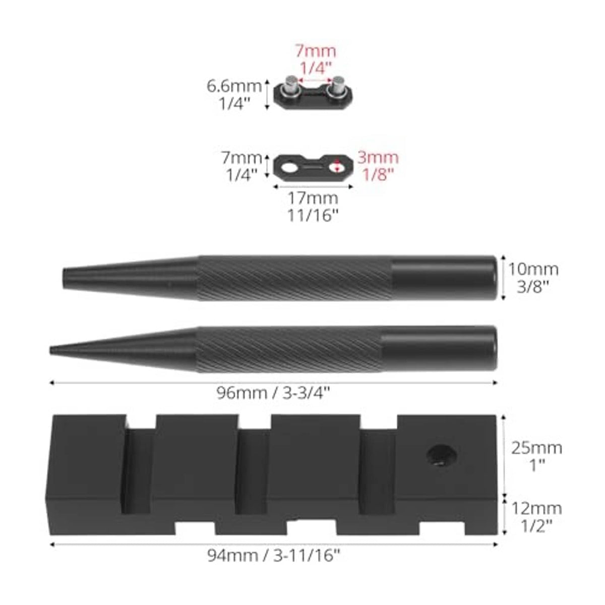Chainsaw chain breaker kit components with size guides, two black pins and block