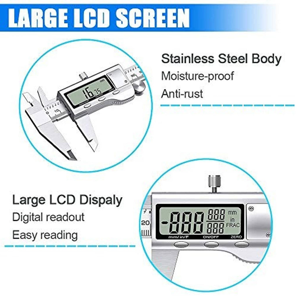 Digital caliper close-up with large LCD display on stainless steel body