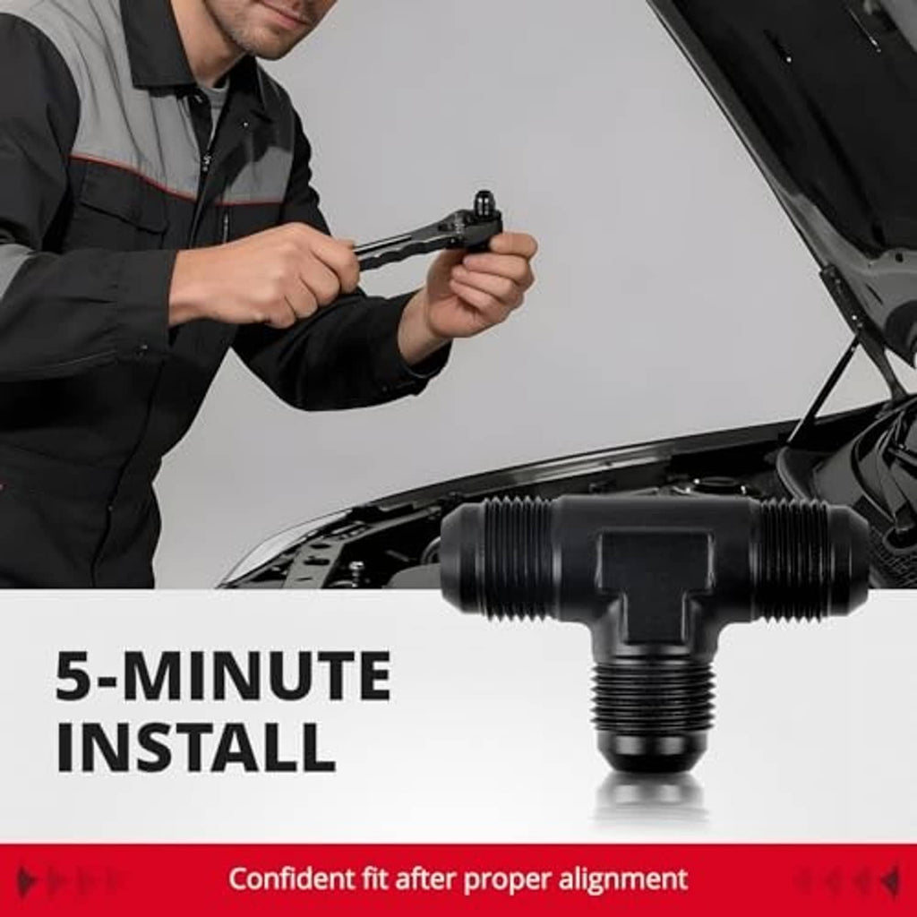 Black 10AN flare T-union fitting in engine bay, three threaded ports