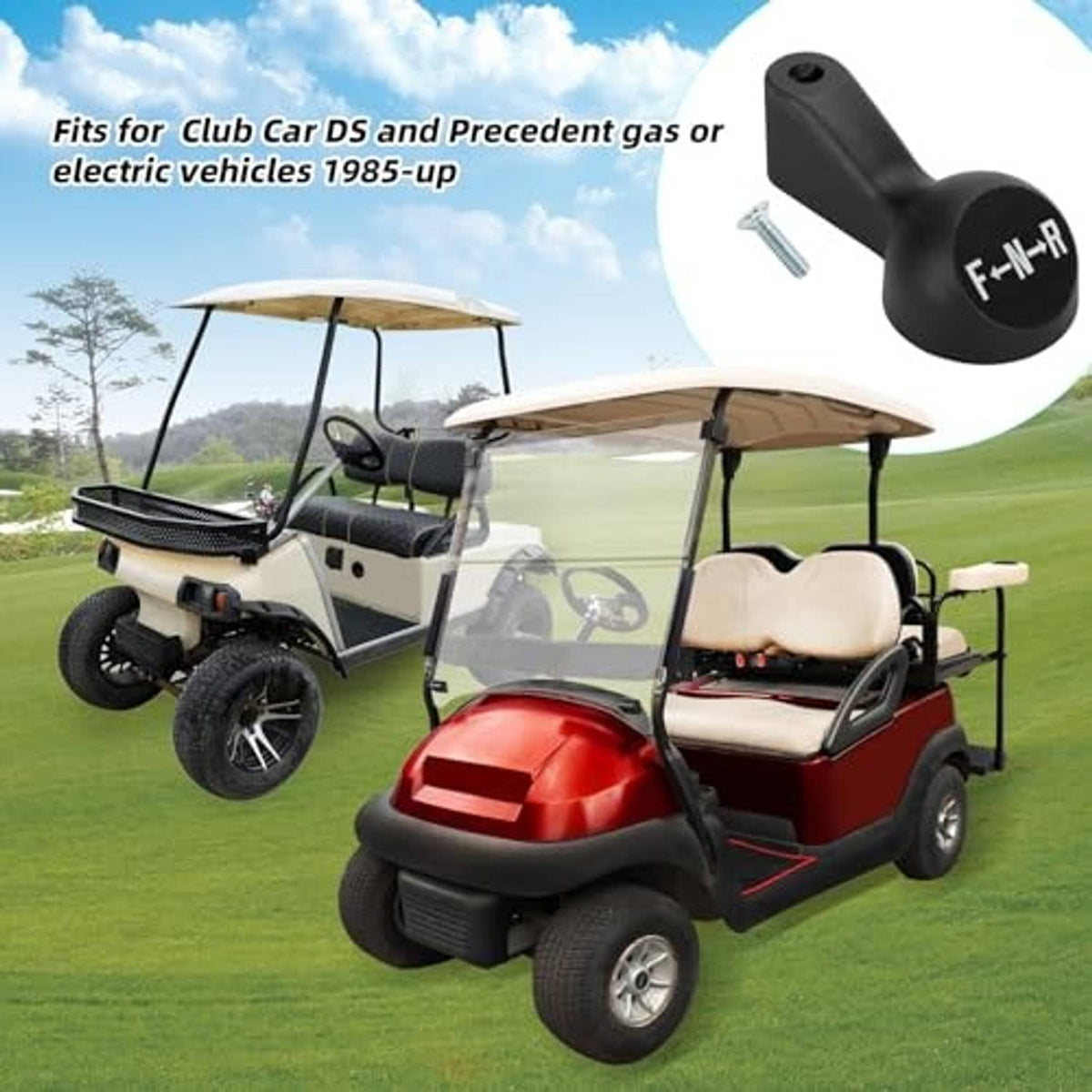 Black F-N-R shifter handle for golf cart use, shown with mounting screw