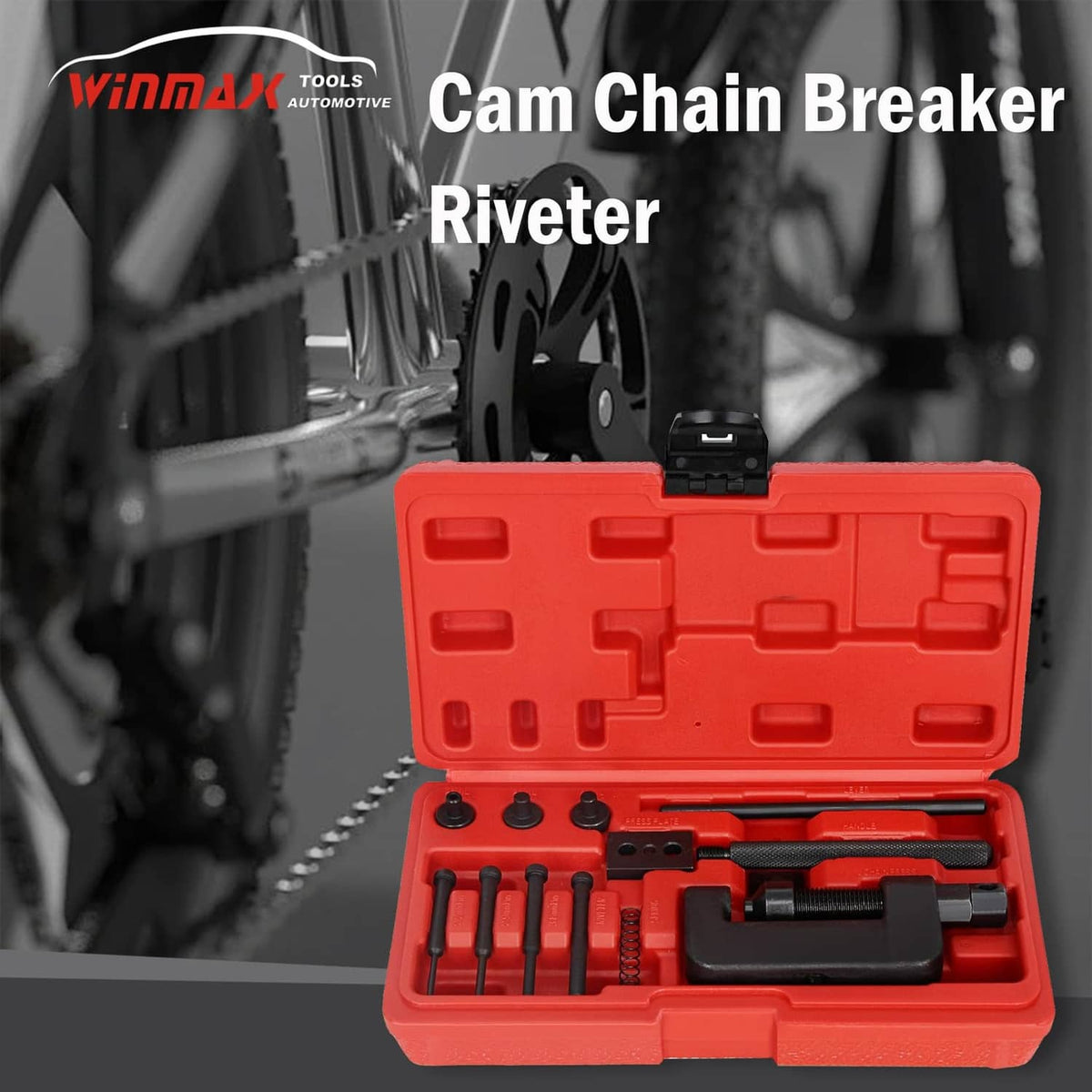 Cam chain breaker riveter tool kit with red case and black steel press body