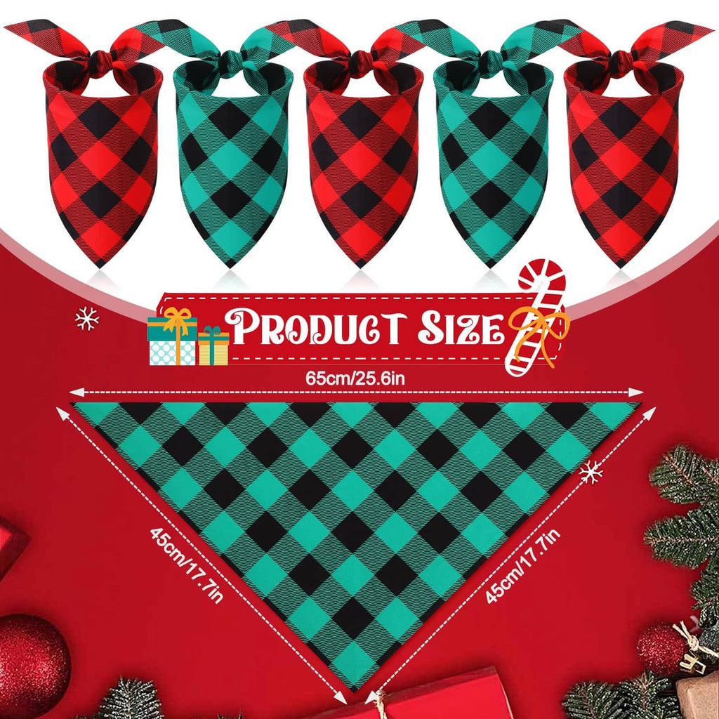 Red and green plaid dog bandana with black diamond pattern, shown with size layout