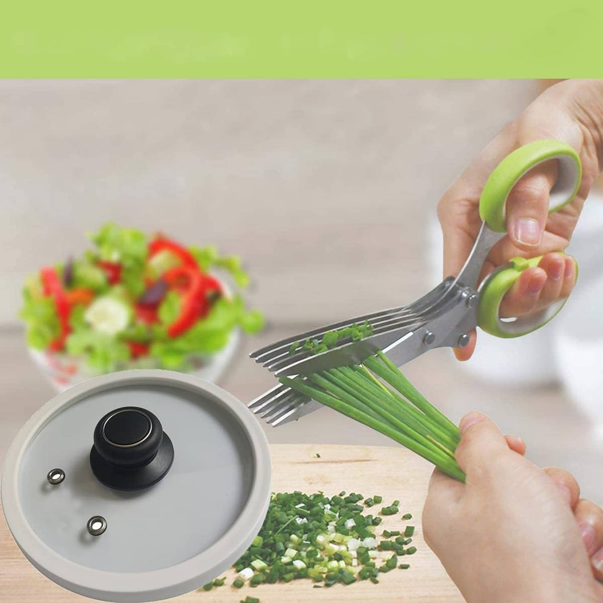 Black pot lid replacement knob on a covered pot while vegetables are being handled