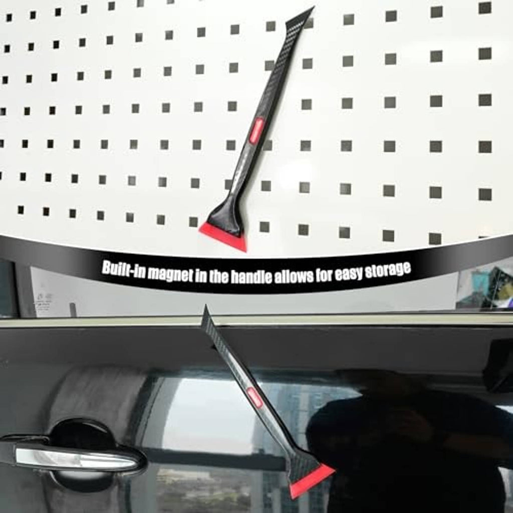 Quarter window tint squeegee tool standing on a storage tray, black blade and red base