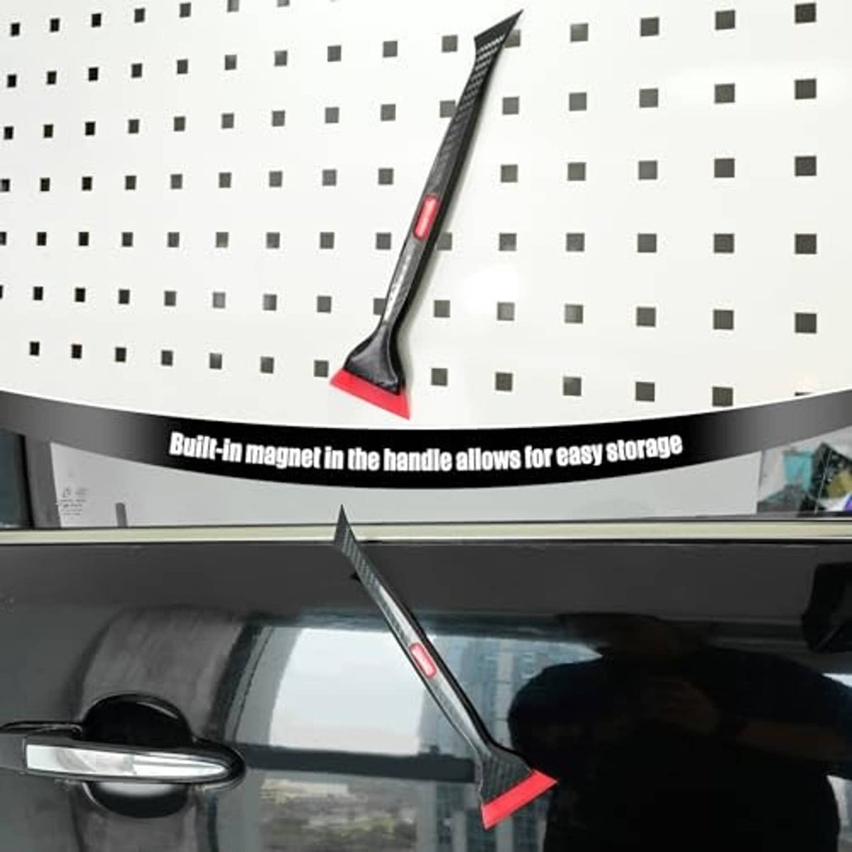 Quarter window tint squeegee tool standing on a storage tray, black blade and red base