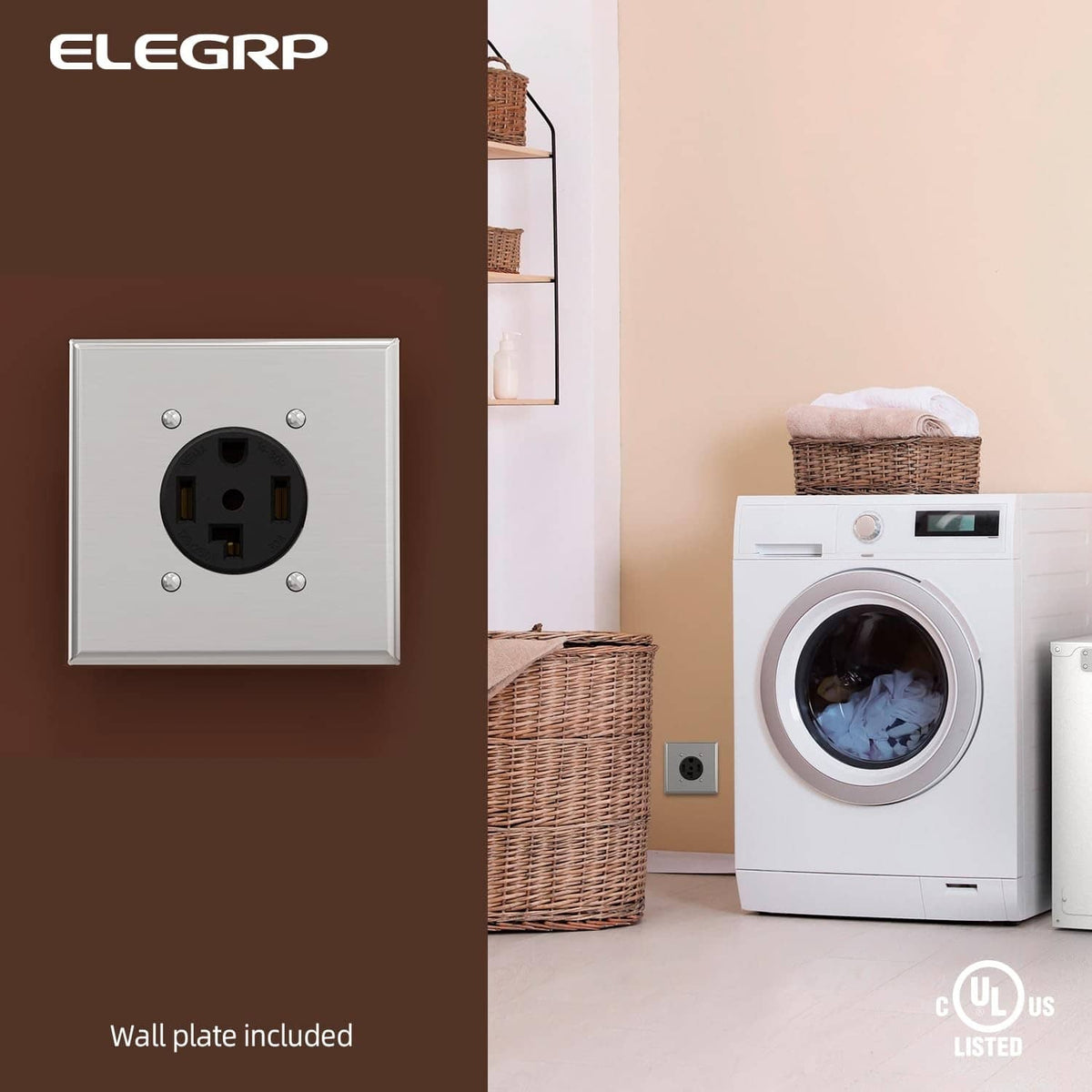 ELEGRP NEMA 14-30R wall-mounted dryer outlet, silver plate with black receptacle