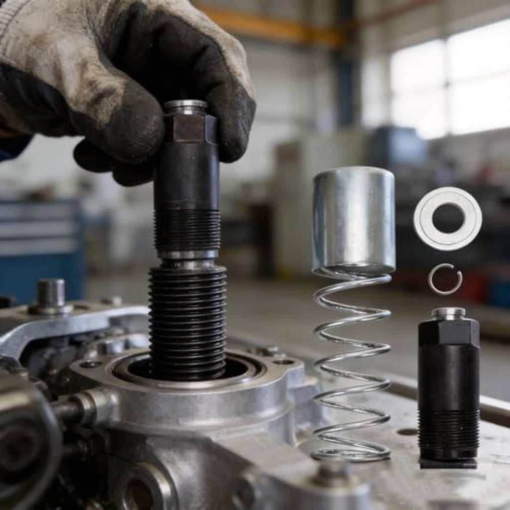 Hydraulic jack rebuild kit with installed threaded piston, silver coil spring, and washers