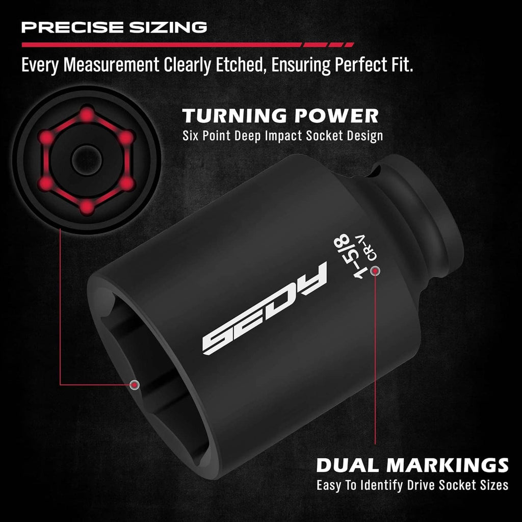 Black deep impact socket with stamped size markings and six-point drive