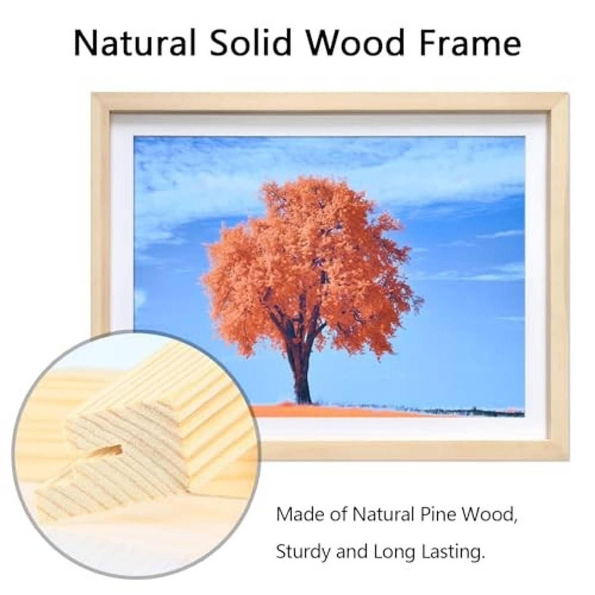 Natural solid wood picture frame with close-up of pine wood grain texture