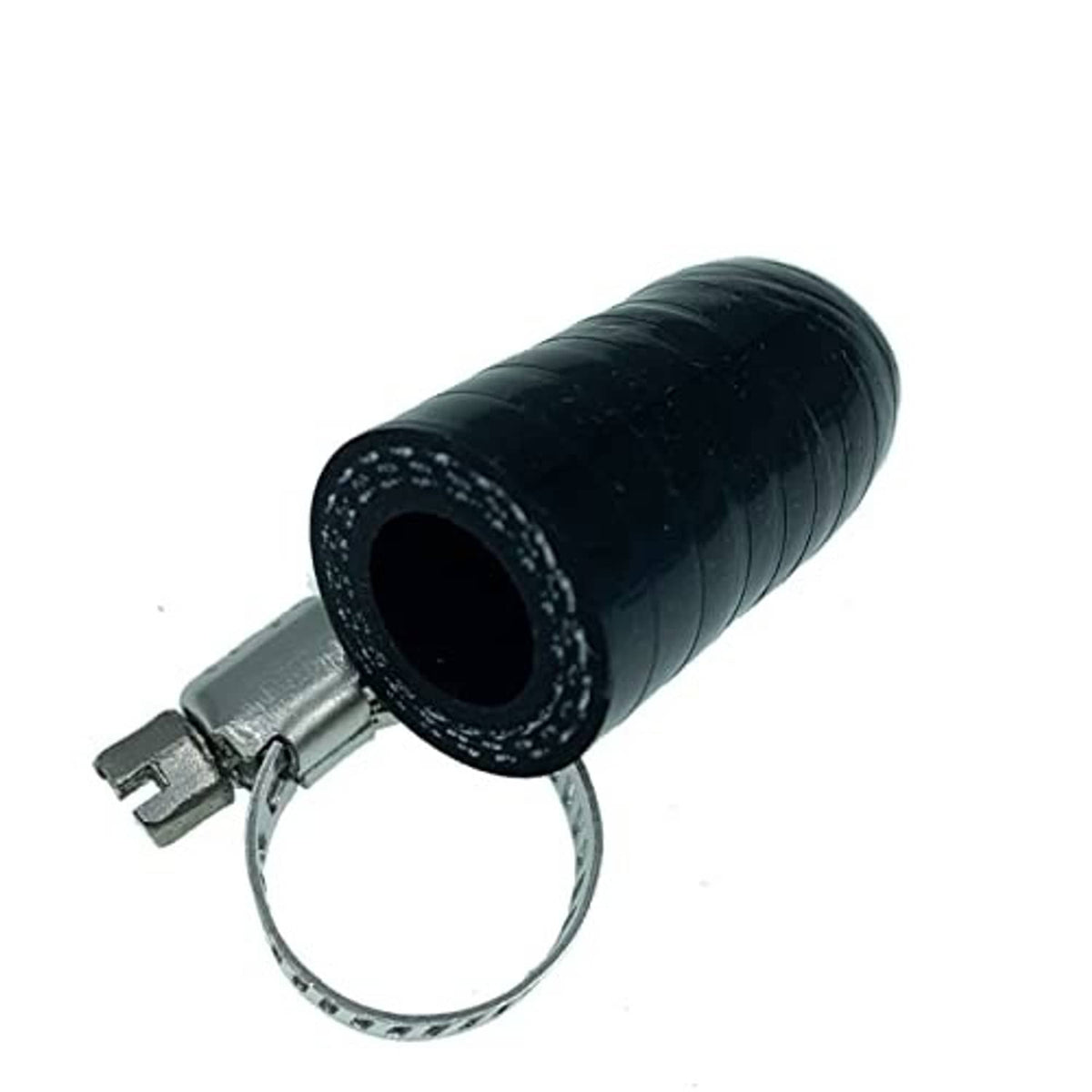 Black silicone coolant cap with metal clamp, open inlet end