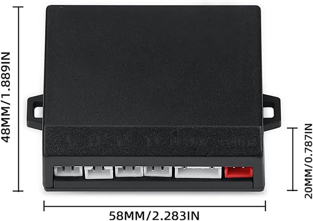 Parking sensor main control box with connector terminals, front panel and size markings