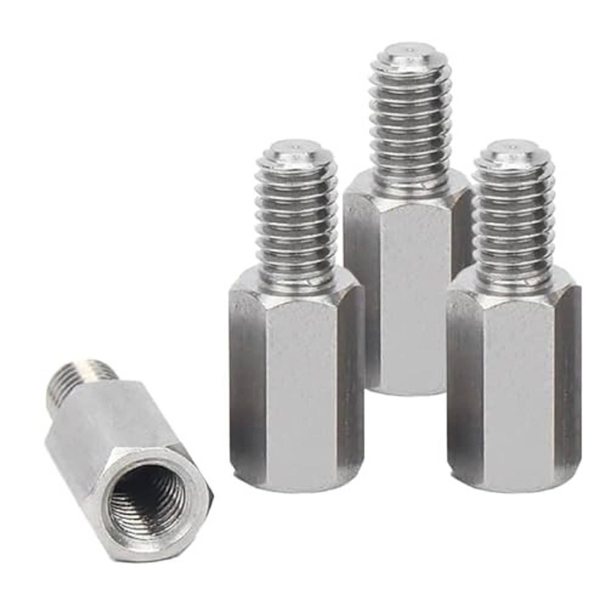 Four-piece metal spacer adapter set with threaded bolts and hex bases