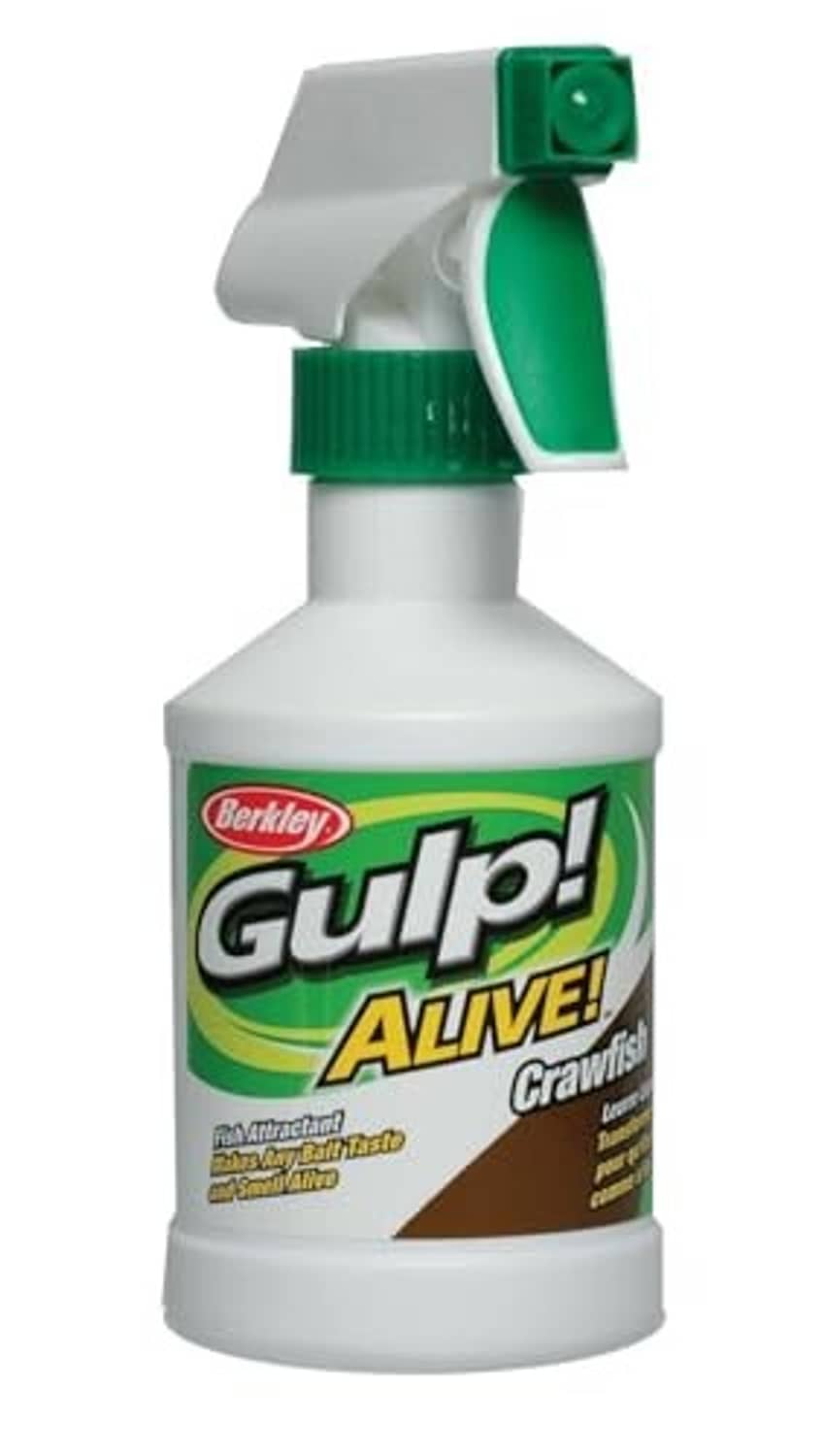 Berkley Gulp Alive crawfish attractant spray bottle with green trigger, white label