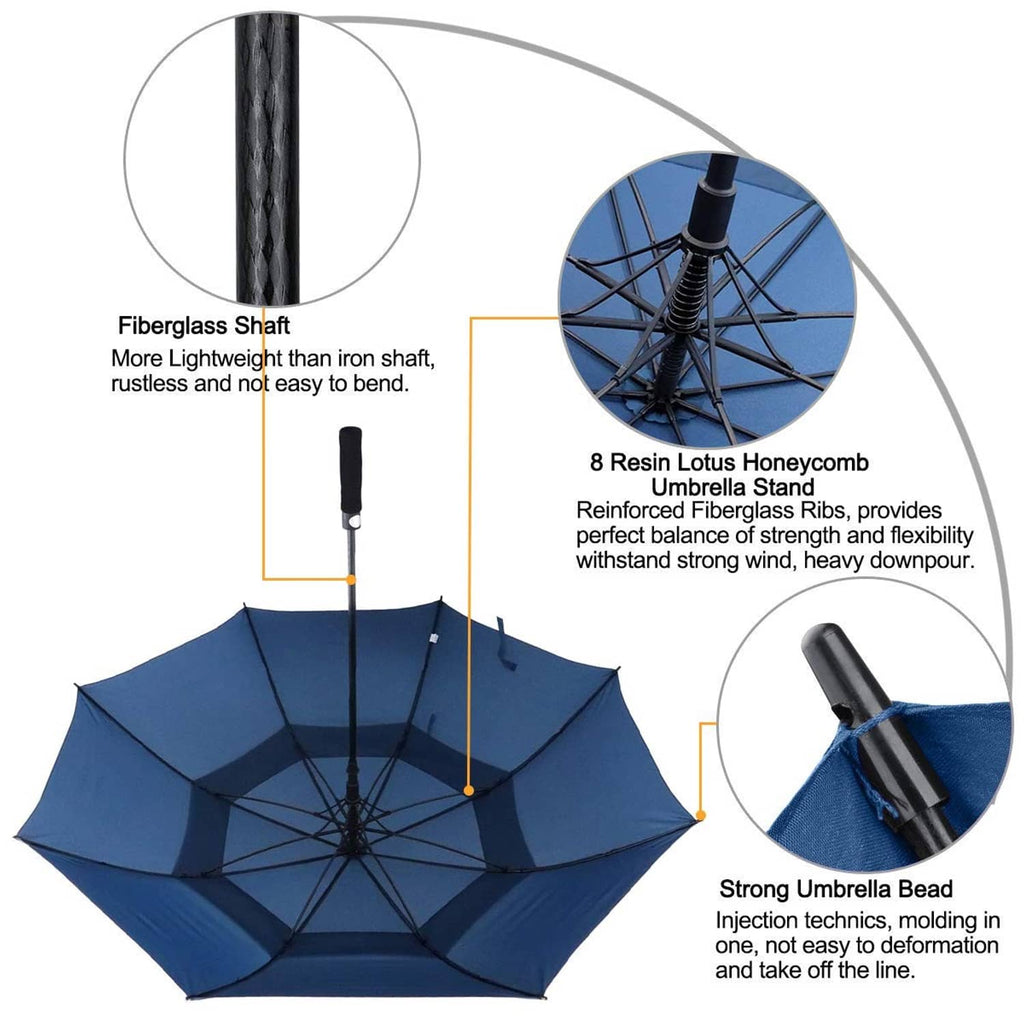Blue double-canopy golf umbrella with black fiberglass shaft and vented ribs