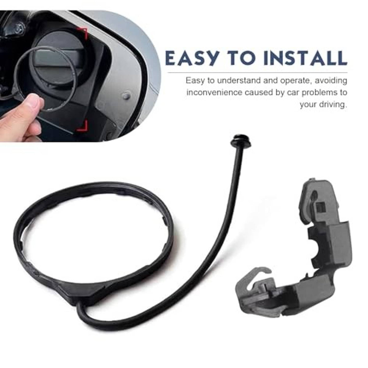 Fuel filler cap tether rope with clip, shown with mounting fit and black cord loop