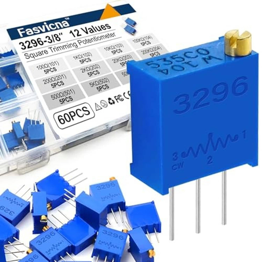 3296W blue square multiturn trimmer potentiometer with gold adjustment top and three pins