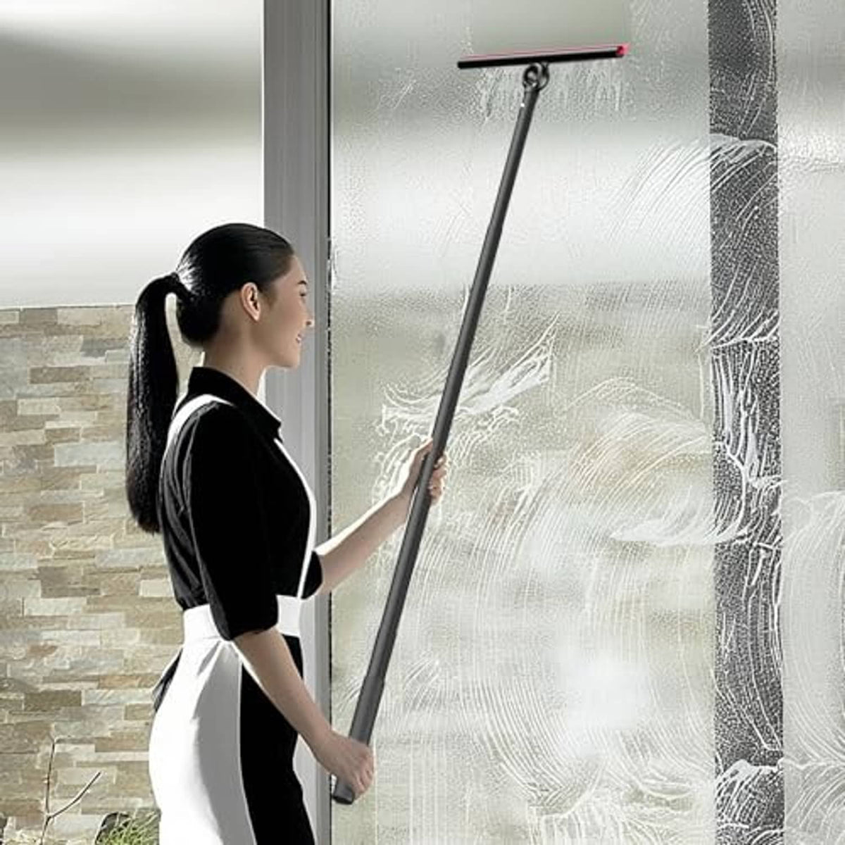 Window squeegee with long black handle and red-edged blade removing water from glass