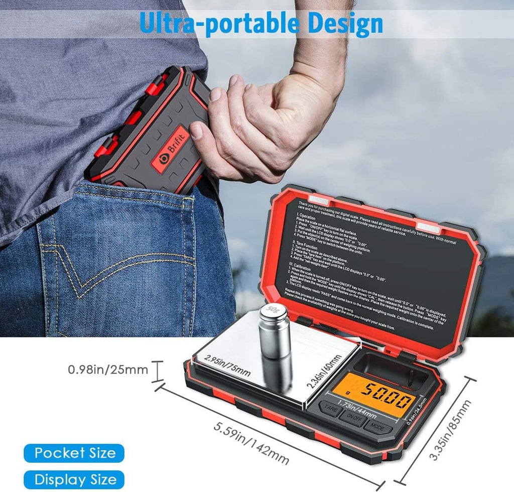 Compact portable digital kitchen scale held near jeans pocket-sized design