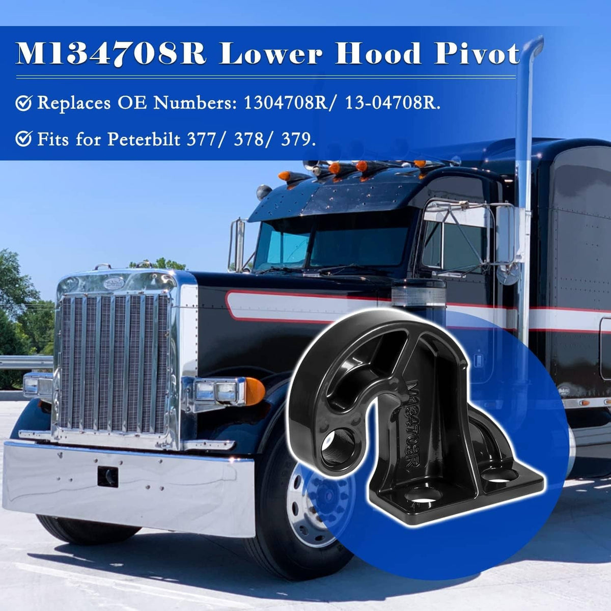 Black right-hand lower hood pivot bracket, three-hole mounting base