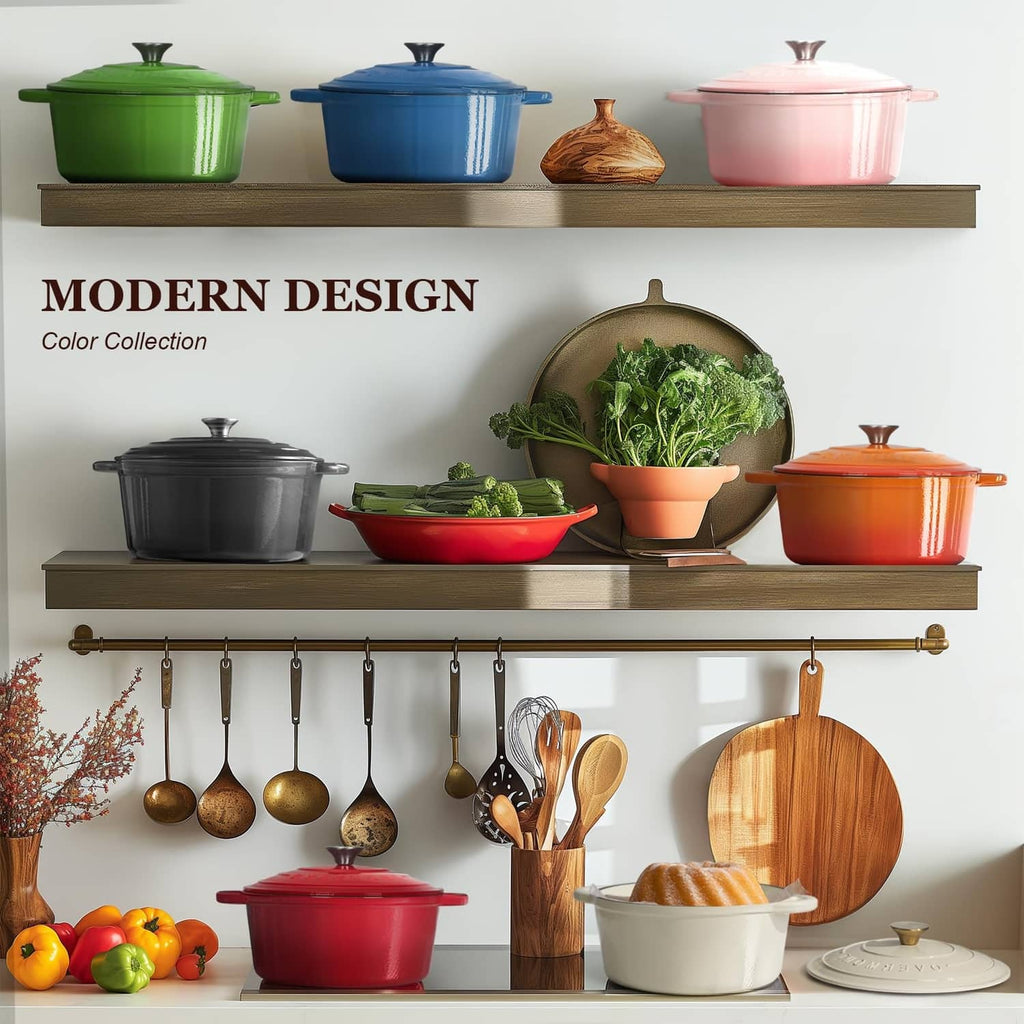 Pink enameled Dutch oven on wall shelf with lid and side handles.