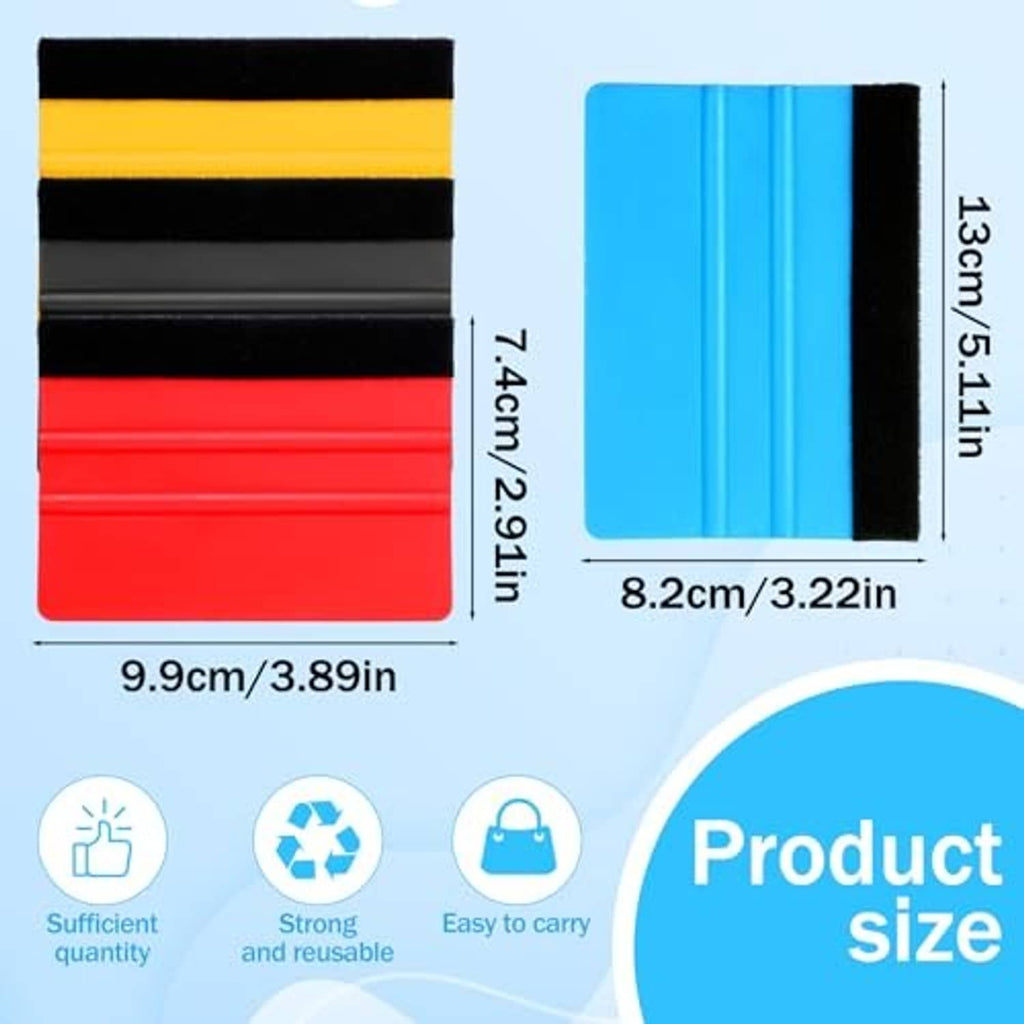 Two felt-edge vinyl squeegee sizes in blue and black, shown with dimensions