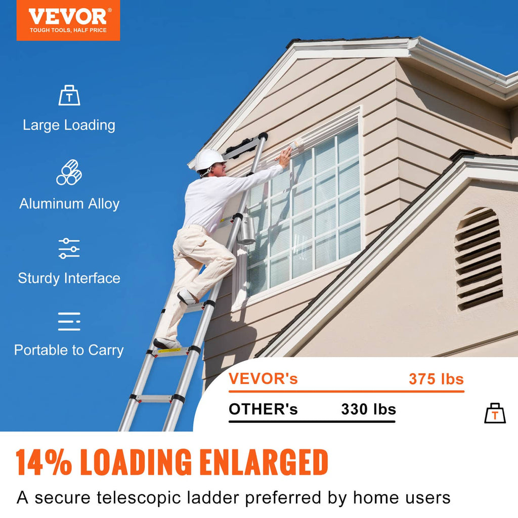 Extended aluminum telescoping ladder with rails and rungs, positioned for exterior access