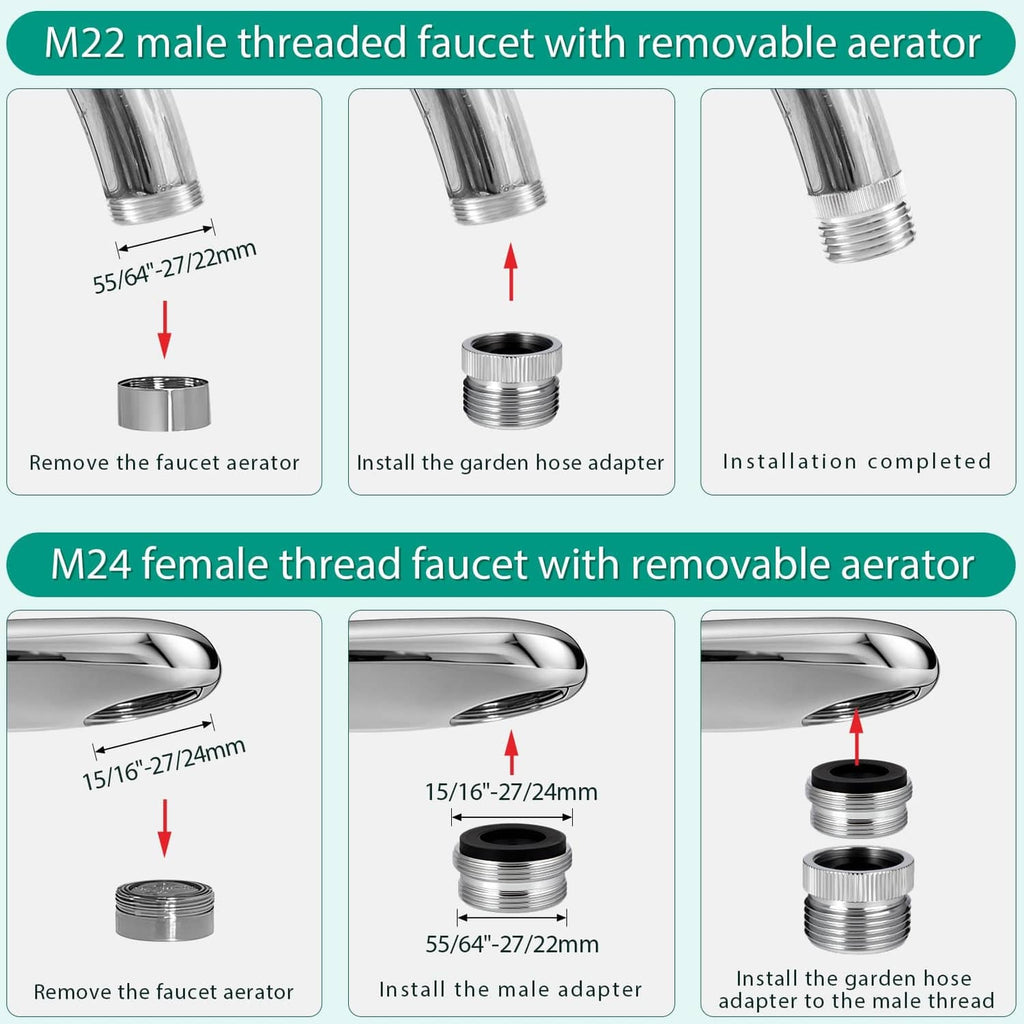 Silver faucet aerator adapter pieces with removable aerator section and threaded hose fit