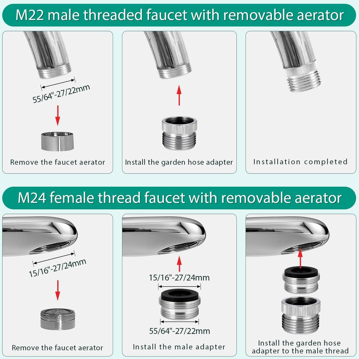 Silver faucet aerator adapter pieces with removable aerator section and threaded hose fit