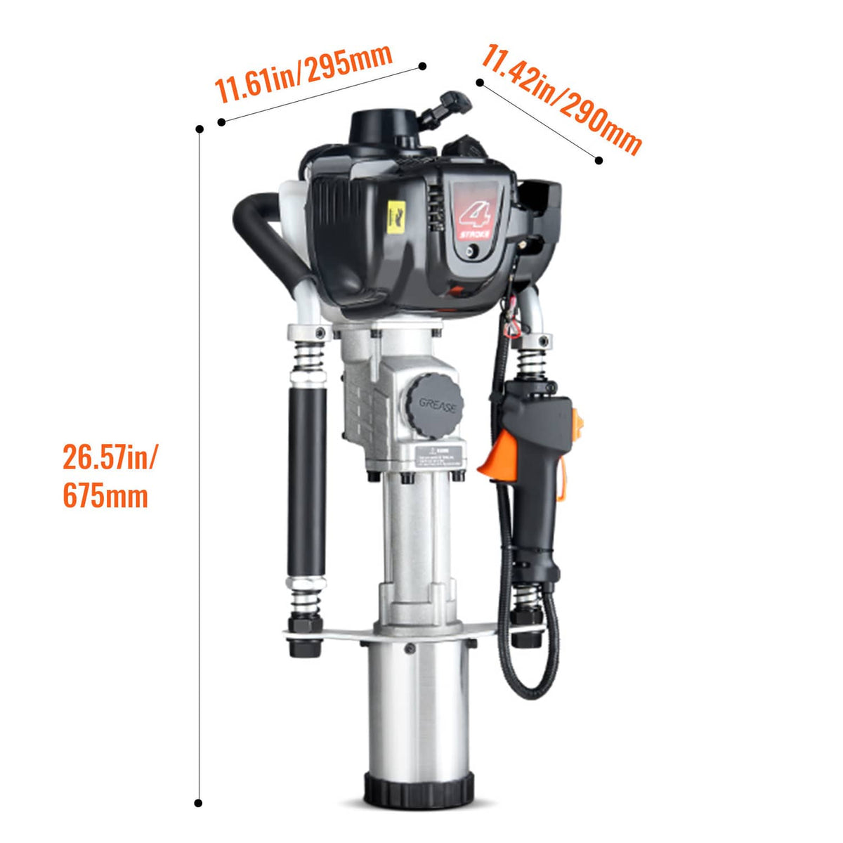 Gas piling driver with labeled dimensions and full cylinder body in profile