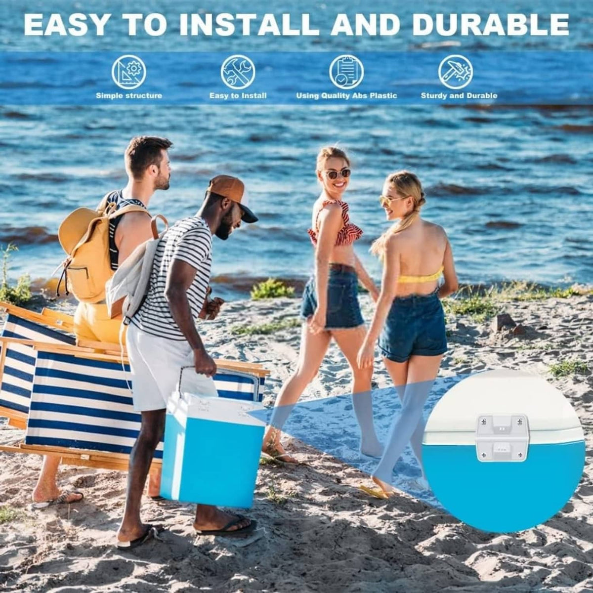 Cooler hinge replacement kit shown with a cooler in outdoor use