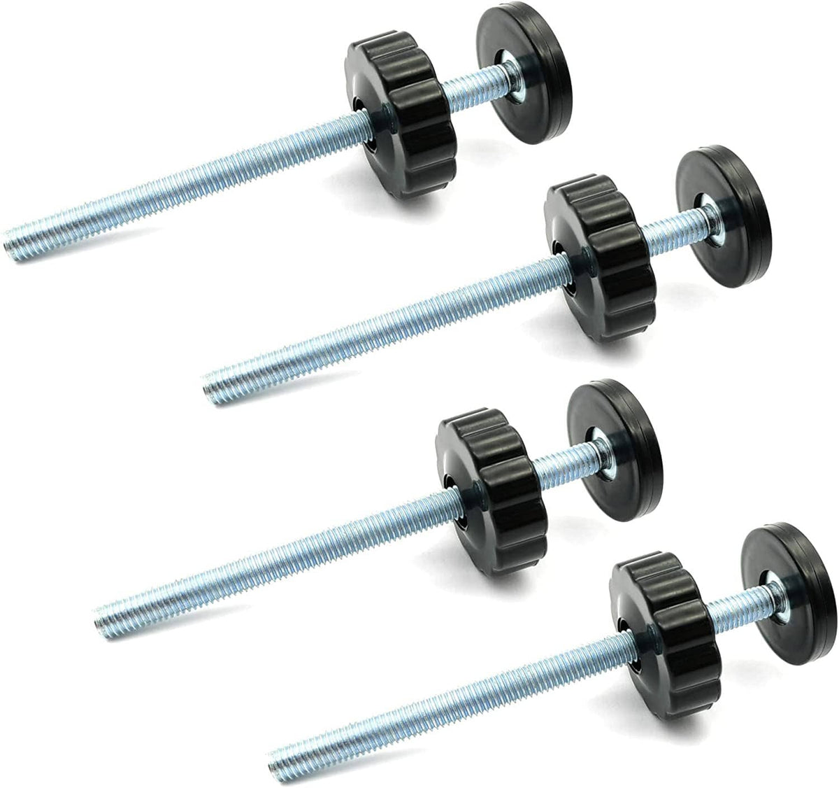 Four threaded spindle rods with black adjustment wheels and round rubber feet