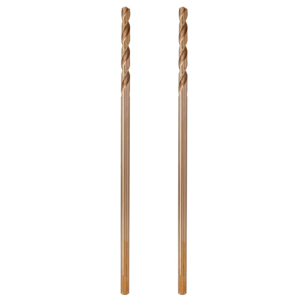 Two cobalt long drill bits with spiral flutes and straight shanks, 2-pack