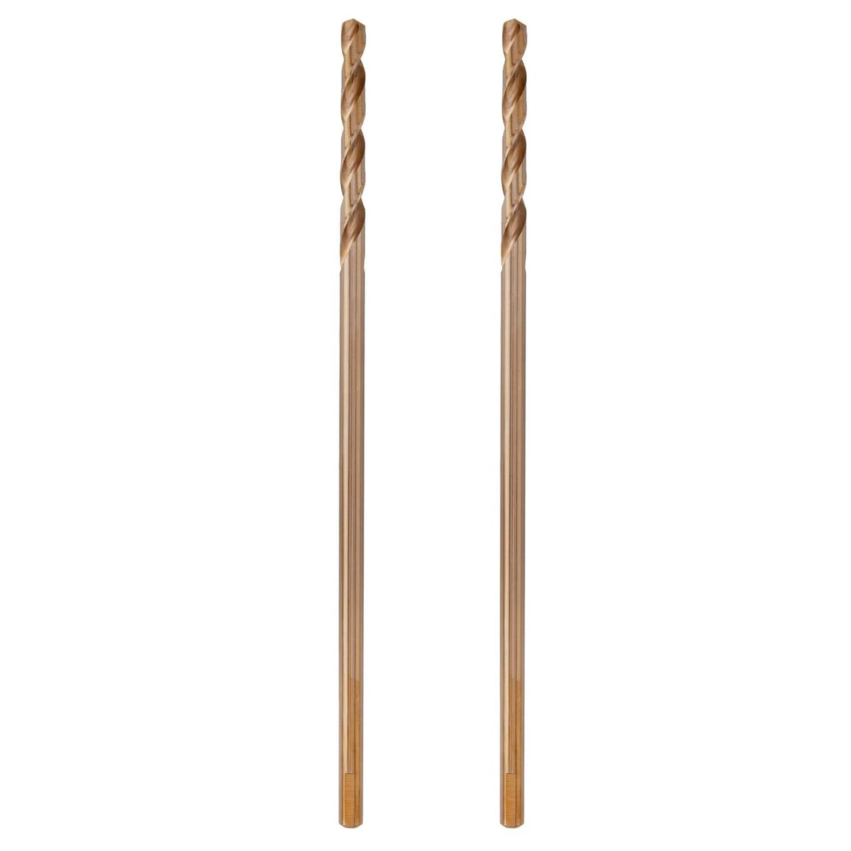Two cobalt long drill bits with spiral flutes and straight shanks, 2-pack