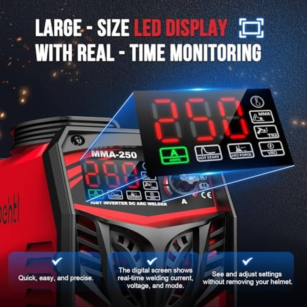 Red stick welder with large LED display and control buttons on the front