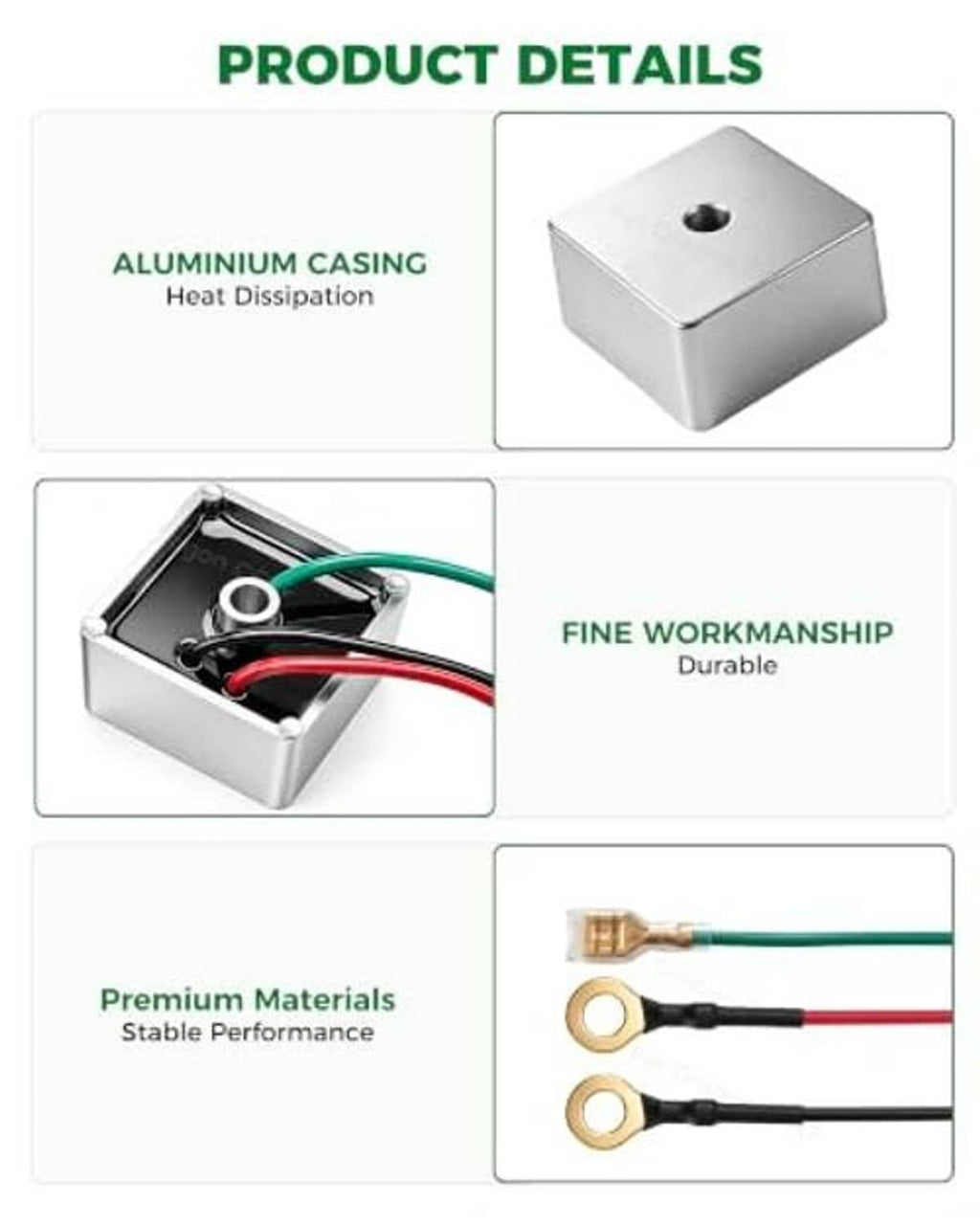 Voltage regulator product details showing aluminum casing and wiring connection ports
