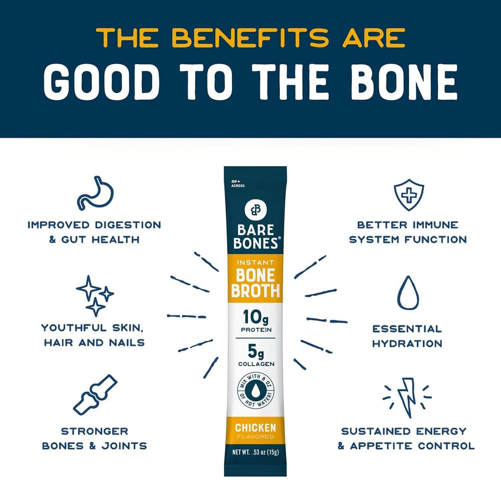 Instant bone broth powder stick pack with benefit icons and hydration callout