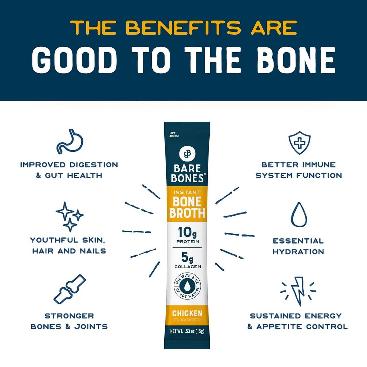 Instant bone broth powder stick pack with benefit icons and hydration callout